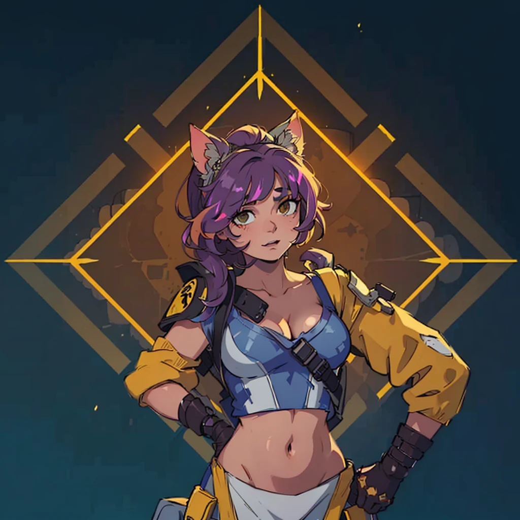 A closeup of a person in a cat costume, Loba Andrade, her clothing has a kind of yellow color and is showing her cleavage and her chest, He is raising his left arm over his head and his right arm is resting on his waist., apex legends, Apex Legends character, in the style of apex legends, inspired by Jules Chéret, apex legends portrait, valuing character, there is mystery, arcane faux pas portrait, as supervisory character, Starfinder Style, Official character art, 2D anime style, anime, cute anime. 