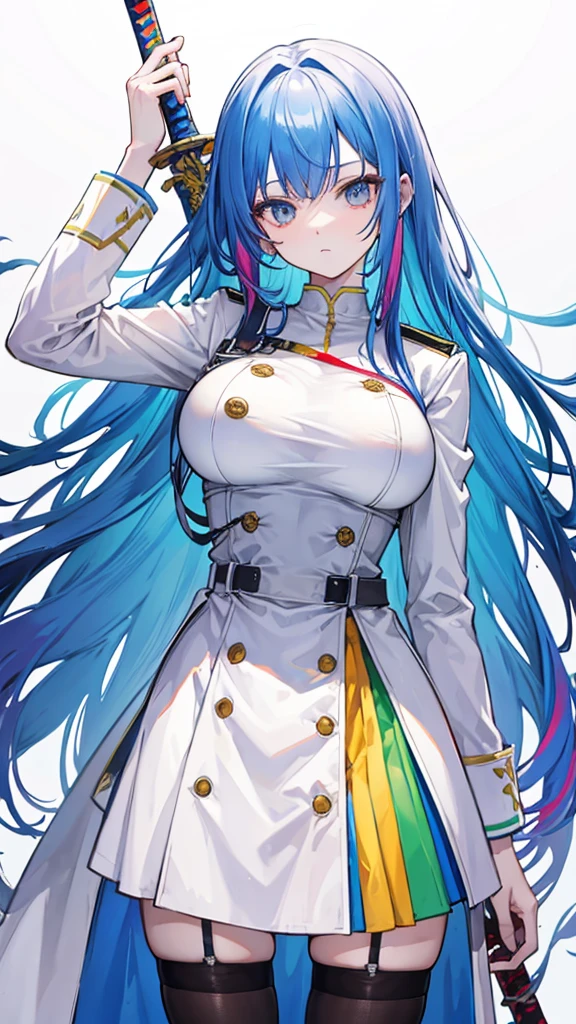 rainbow colored hair, expressionless, neat white uniform, holding a sword, very large breasts