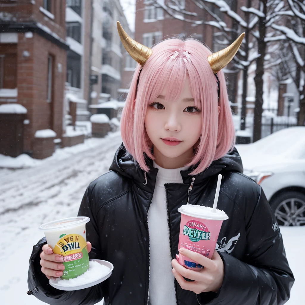 Pink Hair Horns growing out of his head In the snow Bobcut Eating yogurt Devil-chan
