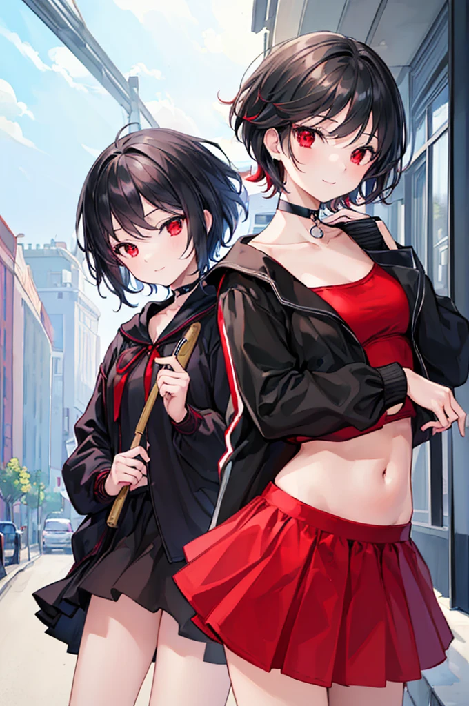 anime, young girl, standing, detailed body, detailed face, thigh up, shown tongue, slimy tongue, pale skin, (shadow cast on eyes, darkened eyes, red eyes), (smirk, evilish smile, mischevious smile), (short hair, brown hair, fancy haircut), tatto of flame on right cheek, girl is wearing casual outfit, red hoodie with black stripes, white t-shirt with skull print, bare shoulders, beautiful legs, denim shorts, hands is hidden, solo