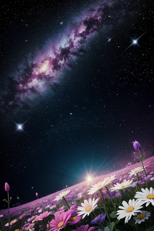 background galaxy,unicorn black, foreground flowers