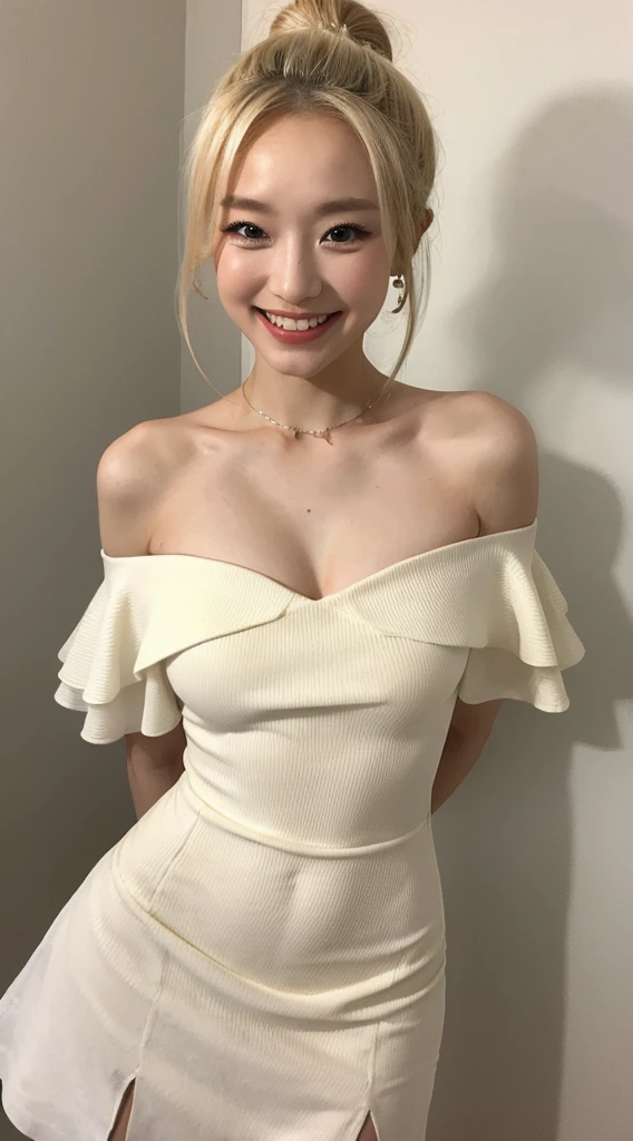 Surreal beautiful woman with blonde ponytail hairstyle.With a big smile on his face.South Korea.Pure white off-shoulder low-cut dress.role play