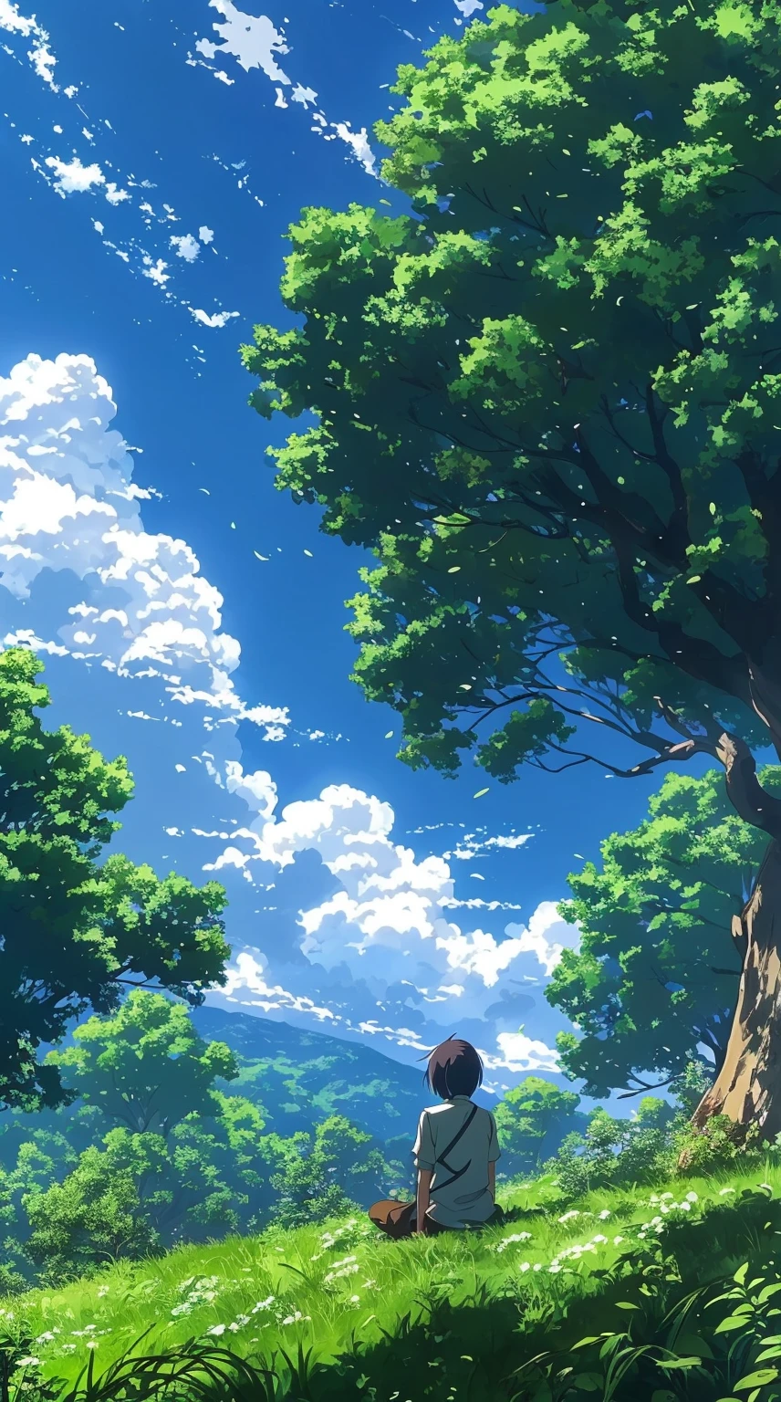 anime scene of a woman standing under a tree in a field, anime nature, anime nature wallpap, anime background, beautiful anime scenery, beautiful anime scene, anime scenery, anime landscape, anime landscape wallpaper, makoto shinkai!, anime beautiful peace scene, anime countryside landscape, anime background art, makoto shinkai!!, anime movie background