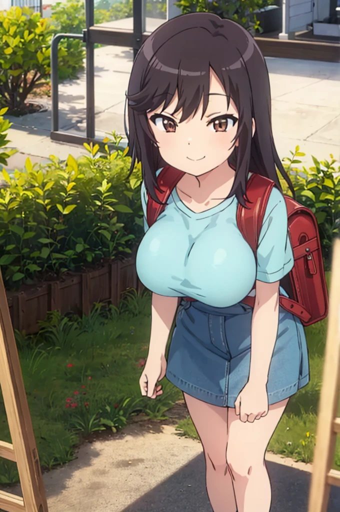 nonhotaru,looking_at_viewer,smile,nature,shirt,skirt,backpack,randoseru,sweater,big breasts