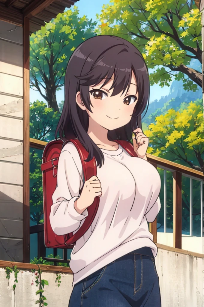 nonhotaru,looking_at_viewer,smile,nature,shirt,skirt,backpack,randoseru,sweater,big breasts