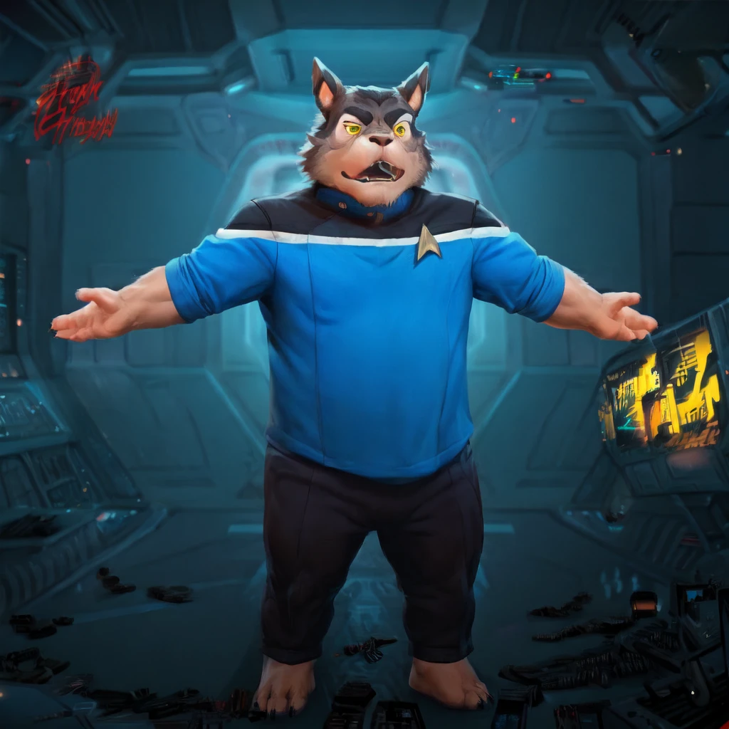 (((Barefoot furry character, full body, cinematic setting, furry male, plantigrade))) 
((Totoro)), studio ghibili, furry, big, fat, whiskers, grey skin, claws,
exudes confidence and authority on starship bridge, ((wears star trek lower decks uniform))), ((sttldunf star trek black and blue uniform)), long black pants, black shoulders, muscular figure, dynamic pose, action expression
((Bridge of starship with many screens and consoles)), futuristic look, metalic, bright colors
BREAK, intricate details, highly detailed, extreme detail, octane render, fine art, best quality, highres, (detailed face:1.5), ((full_body)), UHD, (((perfect hands))), ((low light:1.5))