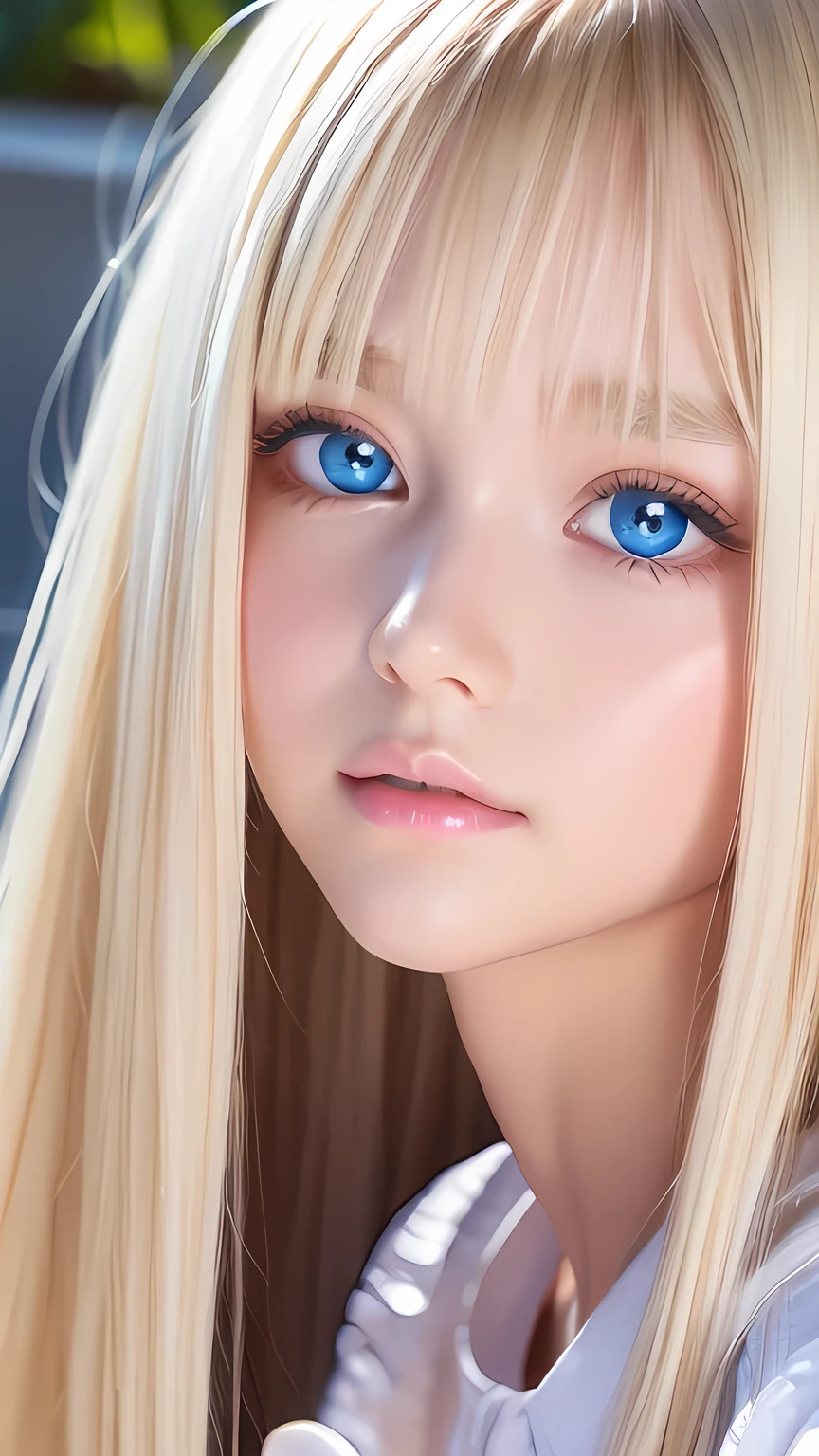 Highest quality、masterpiece、(Realistic:1.4)、One very beautiful blonde girl、Dazzlingly long, super long straight silky platinum blonde、Bangs between the eyes、bangs on the face、Big, very bright light blue eyes that shine so beautifully、Very big eyes、front、Detailed face、Beautiful Eyes、Very white, bright and beautiful skin、Small Face Beauty、14 year old beautiful girl、Cheek gloss highlighter、Round face