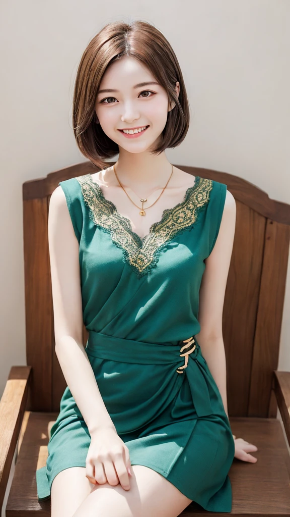 Create an anime-style illustration of a young woman with medium-length, straight brown hair and golden eyes. She should be wearing a light, form-fitting top with a lace-up front and a necklace. The character's outfit includes a green wrap-around cloth at the waist and a brown, patterned skirt. She is seated in a relaxed pose, smiling gently, with a bright blue sky and some clouds in the background. The overall mood should be cheerful and relaxed, with soft lighting that enhances the serene atmosphere."
