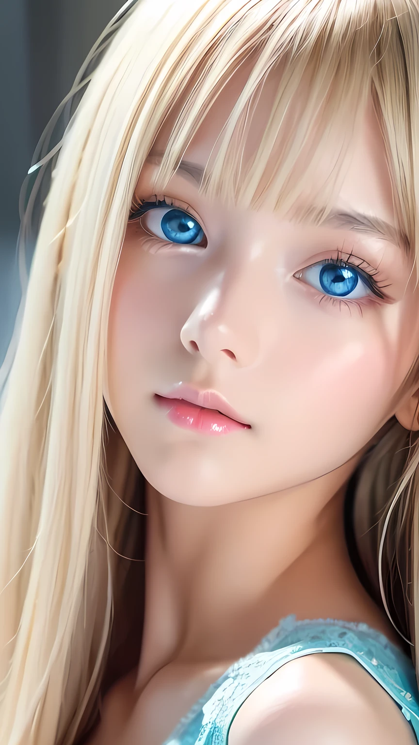 Highest quality、masterpiece、(Realistic:1.4)、One very beautiful blonde girl、Dazzlingly long, super long straight silky platinum blonde、Bangs between the eyes、bangs on the face、Big, very bright light blue eyes that shine so beautifully、Very big eyes、front、Detailed face、Beautiful Eyes、Very white, bright and beautiful skin、Small Face Beauty、14 year old beautiful girl、Cheek gloss highlighter、Round face