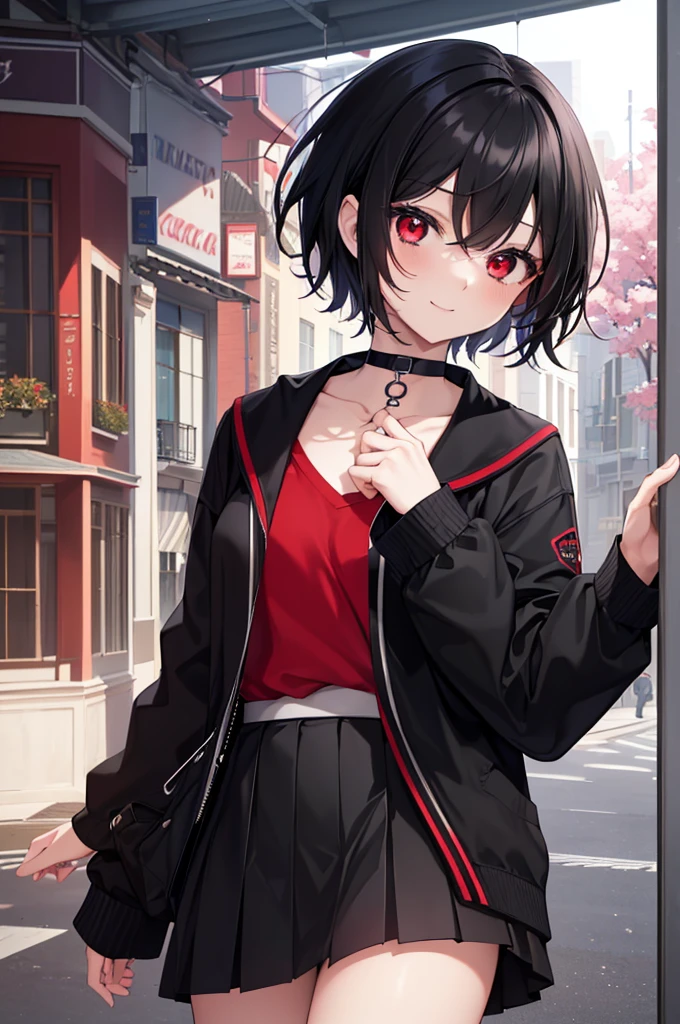 (masterpiece, highest quality, highest quality, (No text), Beautiful and aesthetic:1.2),No text,アニメ、BREAK,One Girl，Black Hair Girl　short hair　older sister　choker　Tree Eyes　Beautiful eyes　Red eyes　cool　smile　Red and Black　Black jacket　mini skirt　whole body　In town