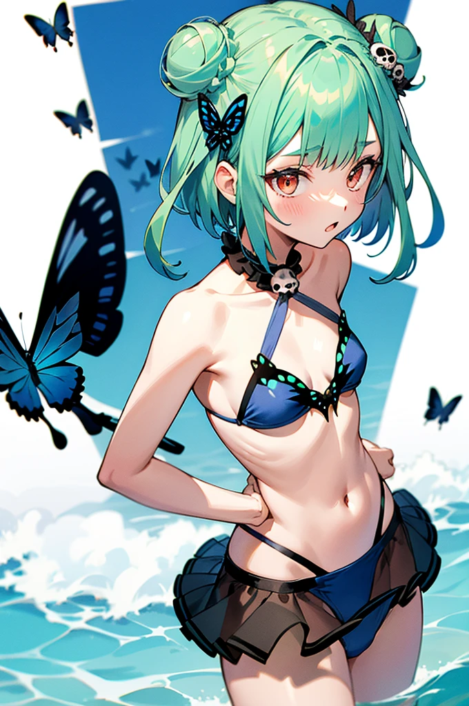 rushia_bikini, green hair, short hair, side buns, blue bikini, frills, butterfly, small breasts, skull hair ornament