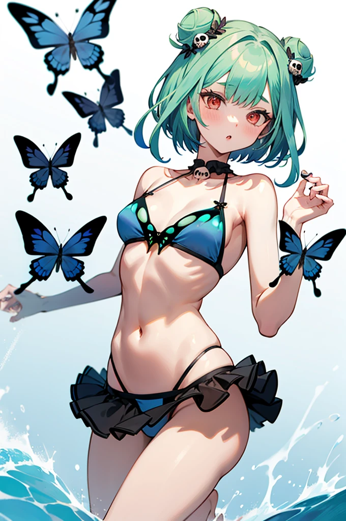 rushia_bikini, green hair, short hair, side buns, blue bikini, frills, erfly, small breaull hair ornament