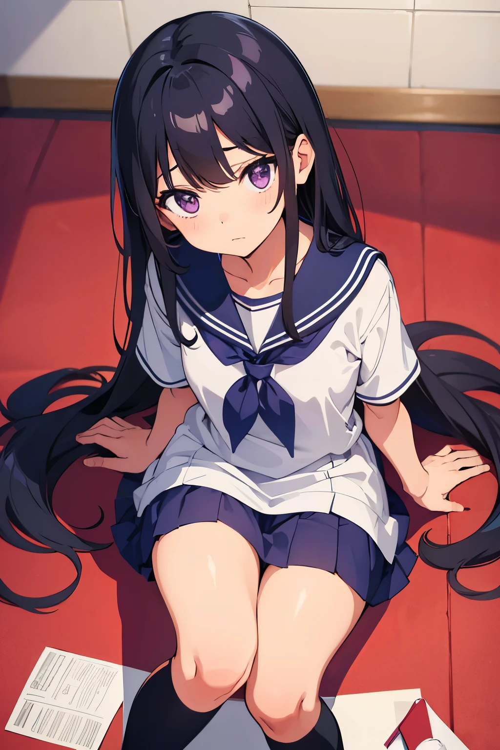 Elementary school girl, 8 years old, toddler　Flat chest, black hair, long hair, purple eyes 　Painful expression　（One person） White upper body short-sleeved sailor uniform　Navy blue mini skirt　White panties　（（White pantiesが見える））　White socks　sneakers　School gym　calisthenics　Sit on the floor with your legs stretched out　 Dynamic Angle　Low - Angle