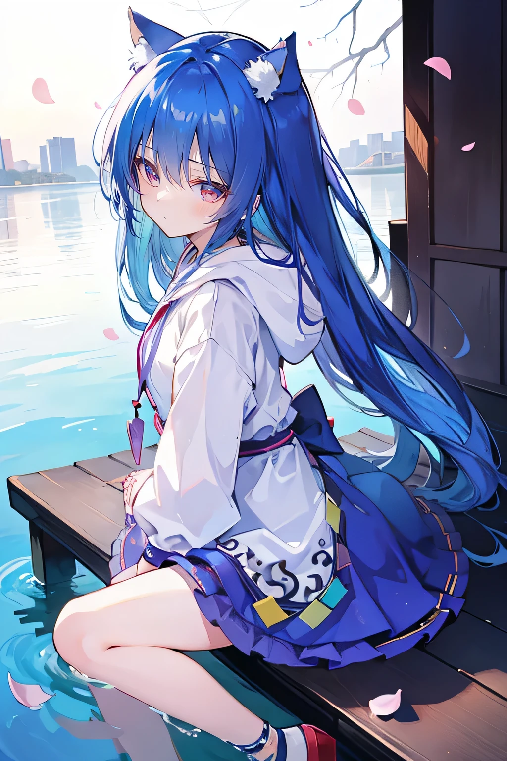 (masterpiece:1.2),Super detailed,lifelike,Expressive eyes,fair skin,perfect face shape,1 girl,
Japanese comics,Gorgeous blue hair,flowing blue hair,flowing clothes,Cat ears,Petals fall,beautiful lola,Baby Angel,
Shaking head with one hand,Cross your legs,Gentle and peaceful background,The pavilion is cool and comfortable,smile, wearing hoodie, background of tokyo,back views, winter,lie on the water。