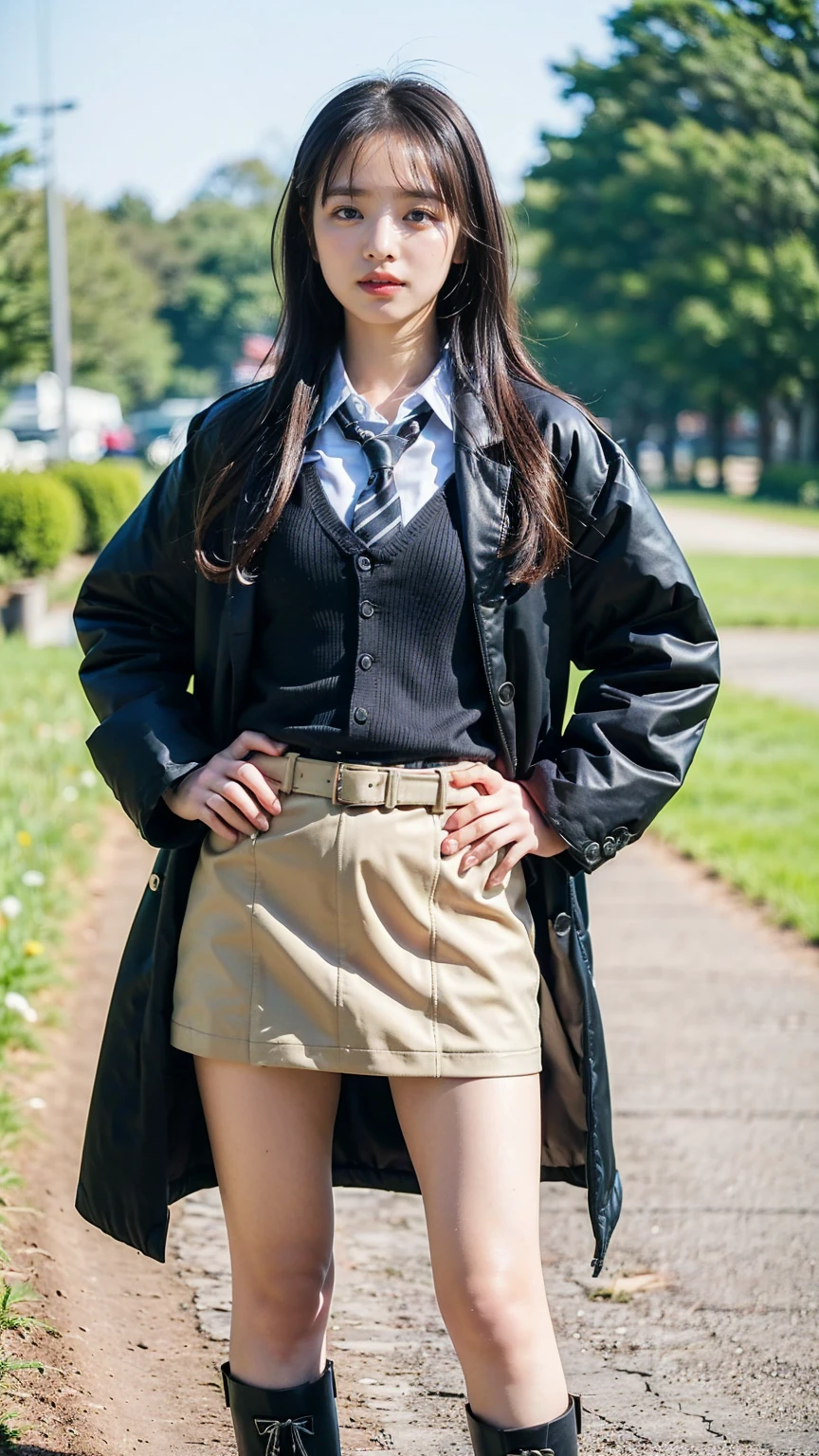 (8K、RAW Photos、Highest quality、masterpiece:1.2)、(Realistic、Realistic)、1 Girl、((Long coat、Check mini skirt、tie、Medium Hair、black、Thin legs、whole body、boots、blackいコート、one piece、garden、View from the front、Looking into the camera、belt、Stand with hands on hips))、