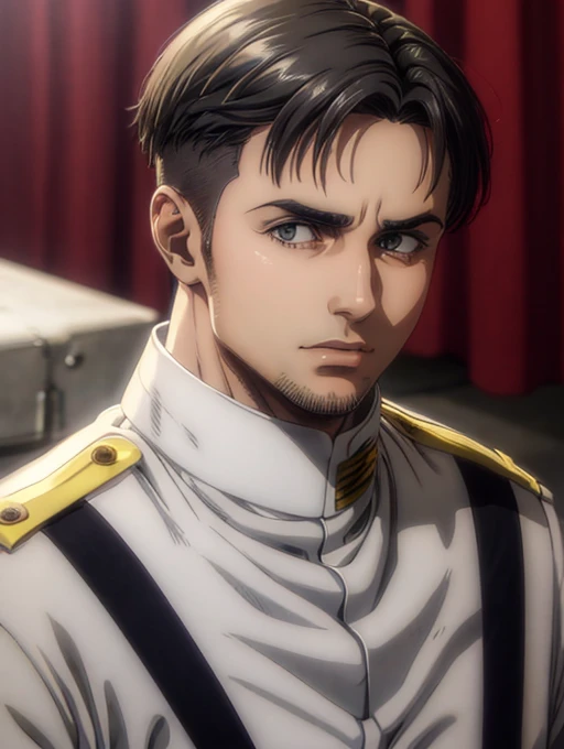 35 years old man, military hair, gray eyes, White military uniform, quartel general