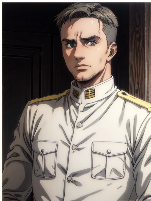 35 years old man, military hair, gray eyes, White military uniform, quartel general