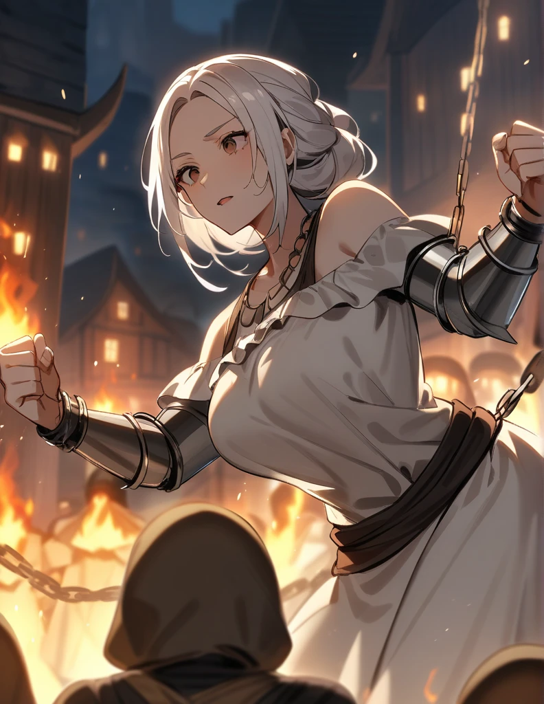 milf Greek woman with white hair, brown eyes, wearing peasant clothes, being captured and chained by knights wearing shiny silver armor, in a burning village