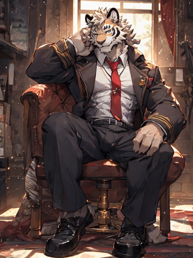 {{bara extremely handsome white tiger,}} {{white fur,}} white, wearing military like purple trench coat, purple trousers, white dress shirt and necktie, white fluffy furry body and limbs, loafers, very tall, very broad shoulders, narrow waist, muscular arms, massive pecs, purple eyes, very long legs, sitting on swivel chair with legs spread, from below perspective, massive bulge, sophisticated hot look, sexy pose, full body, sunlight casting over, 3/4 view, best quality, high quality, silver earring on left ear, sultry smirk