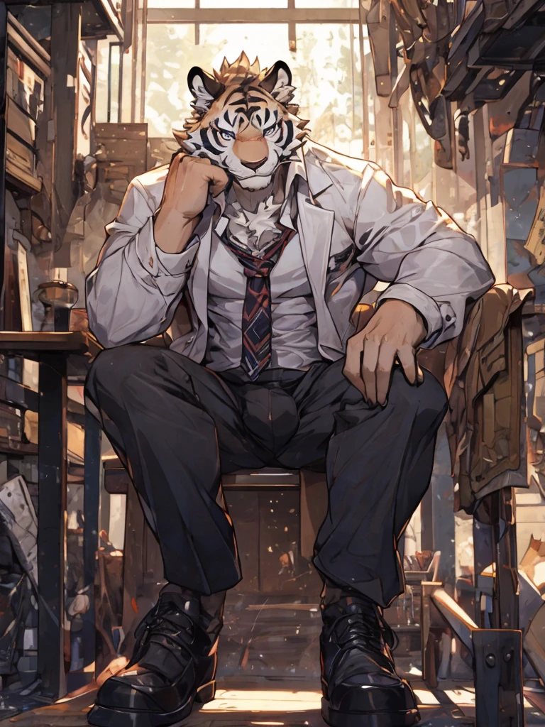 {{bara extremely handsome white tiger,}} {{white fur,}} white, wearing military like purple trench coat, purple trousers, white dress shirt and necktie, white fluffy furry body and limbs, loafers, very tall, very broad shoulders, narrow waist, muscular arms, massive pecs, purple eyes, very long legs, sitting on swivel chair with legs spread, from below perspective, massive bulge, sophisticated hot look, sexy pose, full body, sunlight casting over, 3/4 view, best quality, high quality, silver earring on left ear, sultry smirk