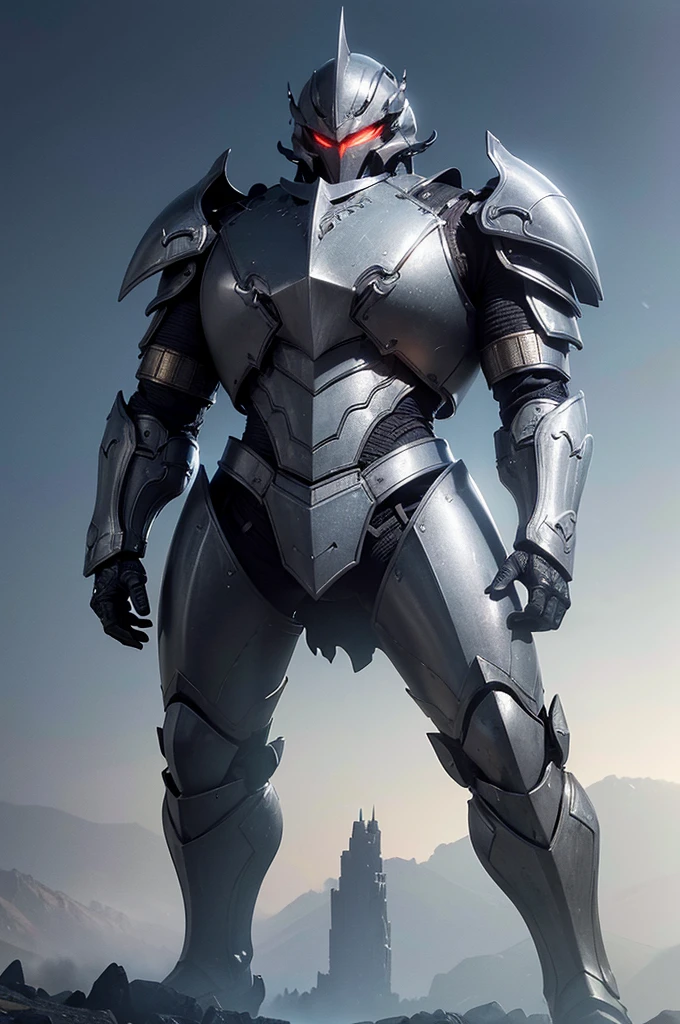 a heavily armored titanium knight, intricate sci-fi battle armor, glowing ruby crystals embedded in the titanium plates, detailed metallic textures, dramatic lighting, cinematic composition, epic scale, ultra-detailed, (best quality,4k,8k,highres,masterpiece:1.2),ultra-detailed,(realistic,photorealistic,photo-realistic:1.37),concept art,digital painting,mech,futuristic,dark fantasy, abençoada por  