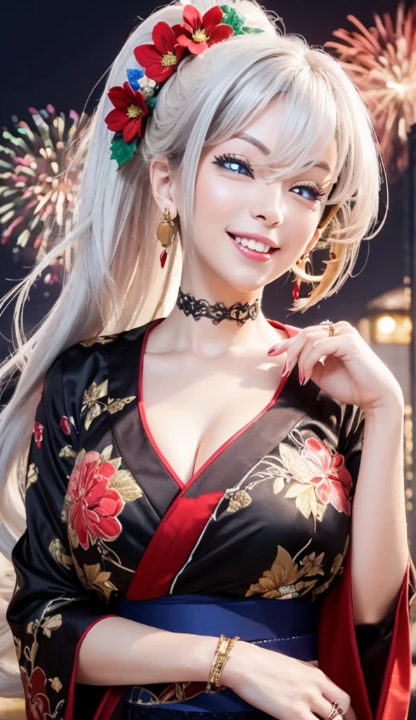 ((One person woman)), Beautiful Face,Laughing embarrassedly,((wink:2.0)),laugh with a big mouth,turn bright red,Glossy pink lips,night,rooftop,Festive decorations,You can see the ocean, firework,((Anime style background)),masterpiece, highest quality, so beautiful, Latest, complex details, (Pink long nails),AI-generated, complex,High resolution, highest quality, super high quality,3D Images、View your viewers、3D Images,one person,Long Blonde Hair,High Ponytail,blue eyes,Anime woman posing for a photo, (Fine grain,Silvery white colorful eyes,Shining Eyes:1.4),(Squint your eyes:1.1),a hyperRealistic , hyperRealistic , Realistic,Blonde anime woman with long hair, Smooth anime CG art, A woman in a colorful kimono with gold embroidery, (Pink kimono),Red floral pattern,Long flower hair ornament,Big earrings,(ring),(Big Breasts:1.1),Mature Body,Tall,BIG ASS,Fine details,Tight waist,Abdominal muscles,(Face close up:1.4,)