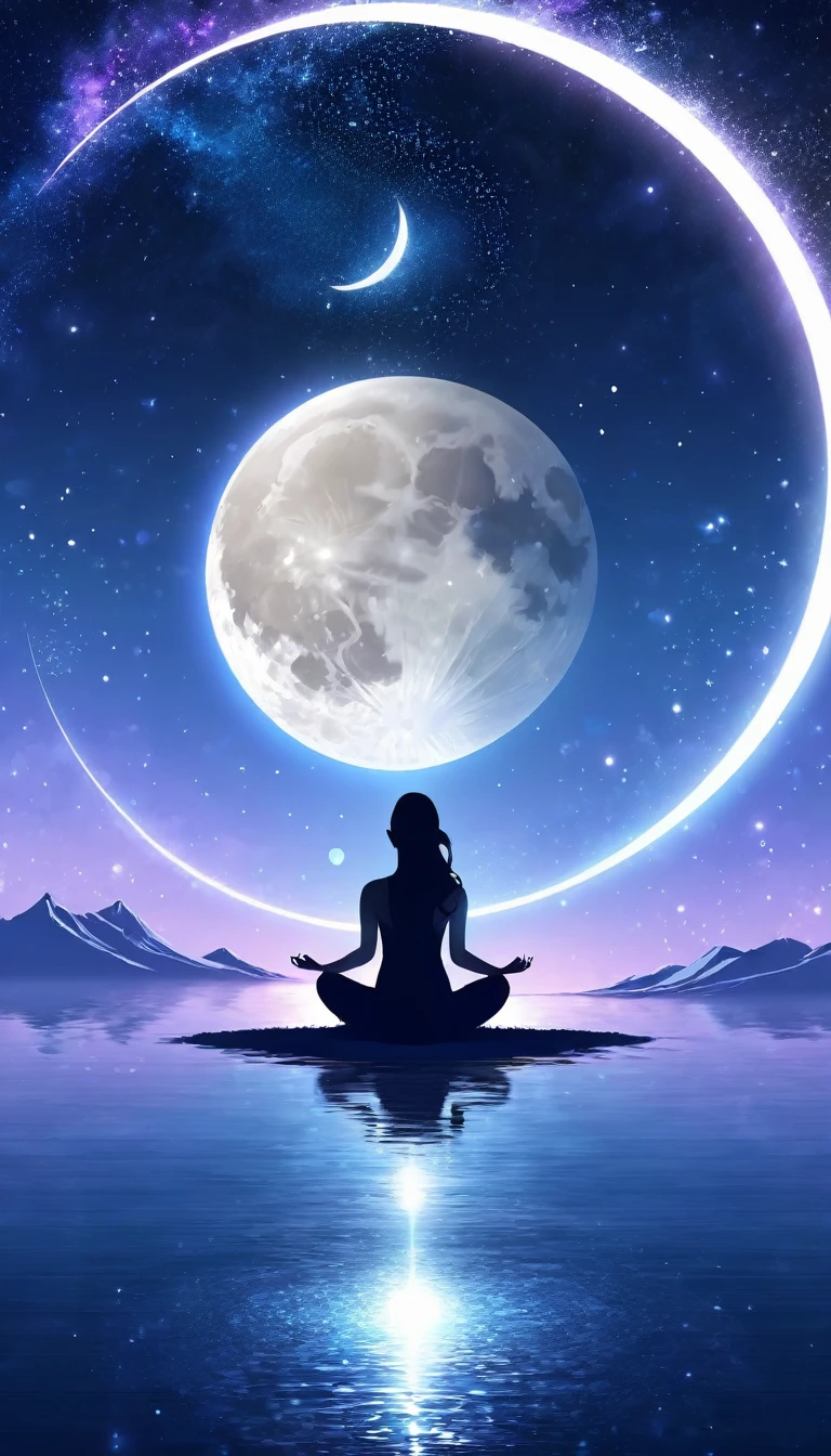 Woman facing backwards sitting in zen meditation pose、Fusion with space bodies, The crescent moon of the new moon shines brightly, The infinite mystery of the universe and the individual's cosmic symbiosis. A pillar of light descends onto the place where the person is sitting., Penetrating deep into the Earth's mantle. This means a ground connection to the earth, Transcending it through meditation、Anchoring a person to physical reality. The lighting in this image is as balanced as the air, Physical and metaphysical. Use a wide-angle lens, 16-35mm f, wait./2.8, This allows you to capture a wide range of images., Small openings like F/If you use 11、You can focus on all the elements. About lighting, soft, Throwing diffused light on a meditating figure、Shine with a fantastic glow, It means the illumination of enlightenment. For background, dynamic contrast、Flying out of the inner layers of the galaxy and the Earth, Use post-production techniques to fine-tune the details, yoga, 8K Wallpaper, Cinema lighting, Falling from a rift in space-time, Chakra, Kundalini, mysterious, Enlightenment,
