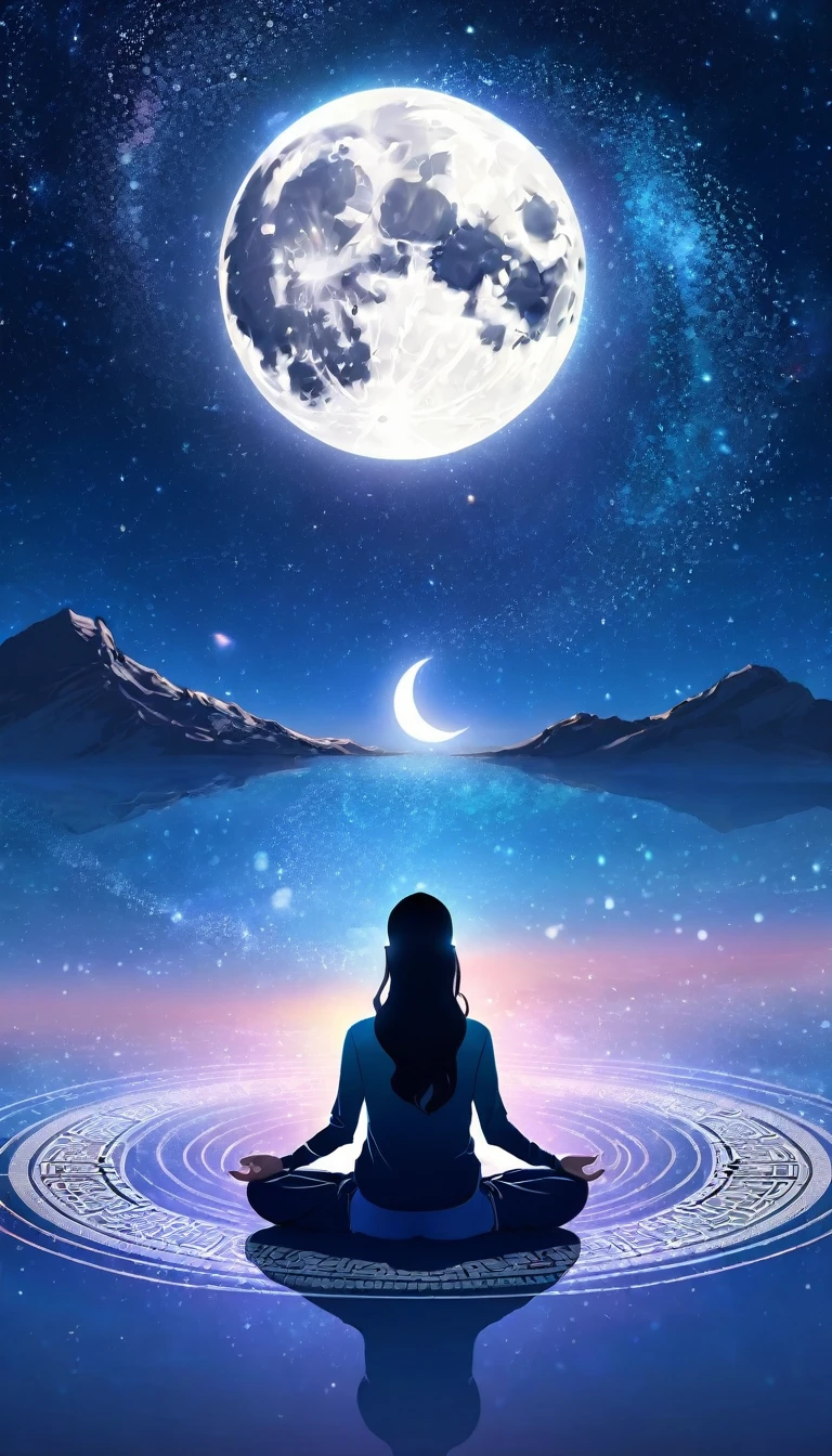 Woman facing backwards sitting in zen meditation pose、Fusion with space bodies, The crescent moon of the new moon shines brightly, The infinite mystery of the universe and the individual's cosmic symbiosis. A pillar of light descends onto the place where the person is sitting., Penetrating deep into the Earth's mantle. This means a ground connection to the earth, Transcending it through meditation、Anchoring a person to physical reality. The lighting in this image is as balanced as the air, Physical and metaphysical. Use a wide-angle lens, 16-35mm f, wait./2.8, This allows you to capture a wide range of images., Small openings like F/If you use 11、You can focus on all the elements. About lighting, soft, Throwing diffused light on a meditating figure、Shine with a fantastic glow, It means the illumination of enlightenment. For background, dynamic contrast、Flying out of the inner layers of the galaxy and the Earth, Use post-production techniques to fine-tune the details, yoga, 8K Wallpaper, Cinema lighting, Falling from a rift in space-time, Chakra, Kundalini, mysterious, Enlightenment,