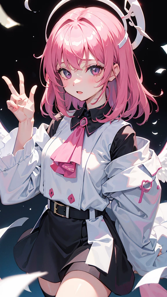 girl, portrait, abstract, vtuber, looking at viewer, medium hair, white, peace fingers、pink、Angel