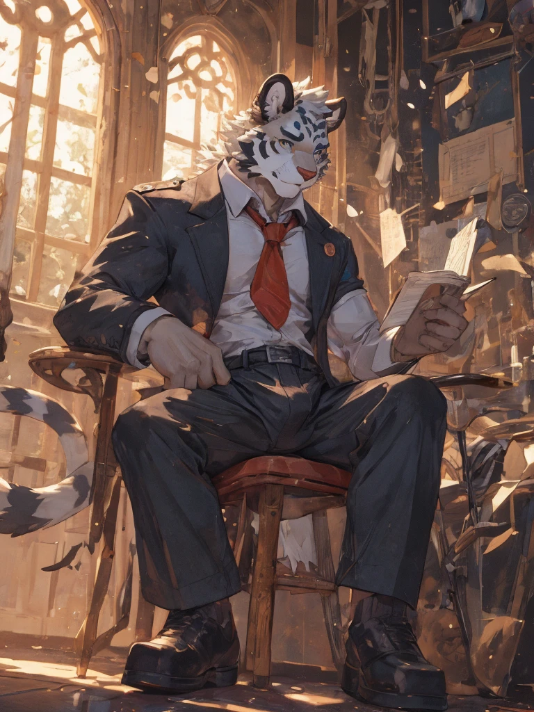 {{bara extremely handsome white tiger,}} {{white fur,}} white, wearing military like purple trench coat, purple trousers, white dress shirt and necktie, white fluffy furry body and limbs, loafers, very tall, very broad shoulders, narrow waist, muscular arms, massive pecs, purple eyes, very long legs, sitting on swivel chair with legs spread, massive bulge, reading file, sophisticated hot look, full body, sunlight casting over, 3/4 view, best quality, high quality, silver earring on left ear, sultry smirk