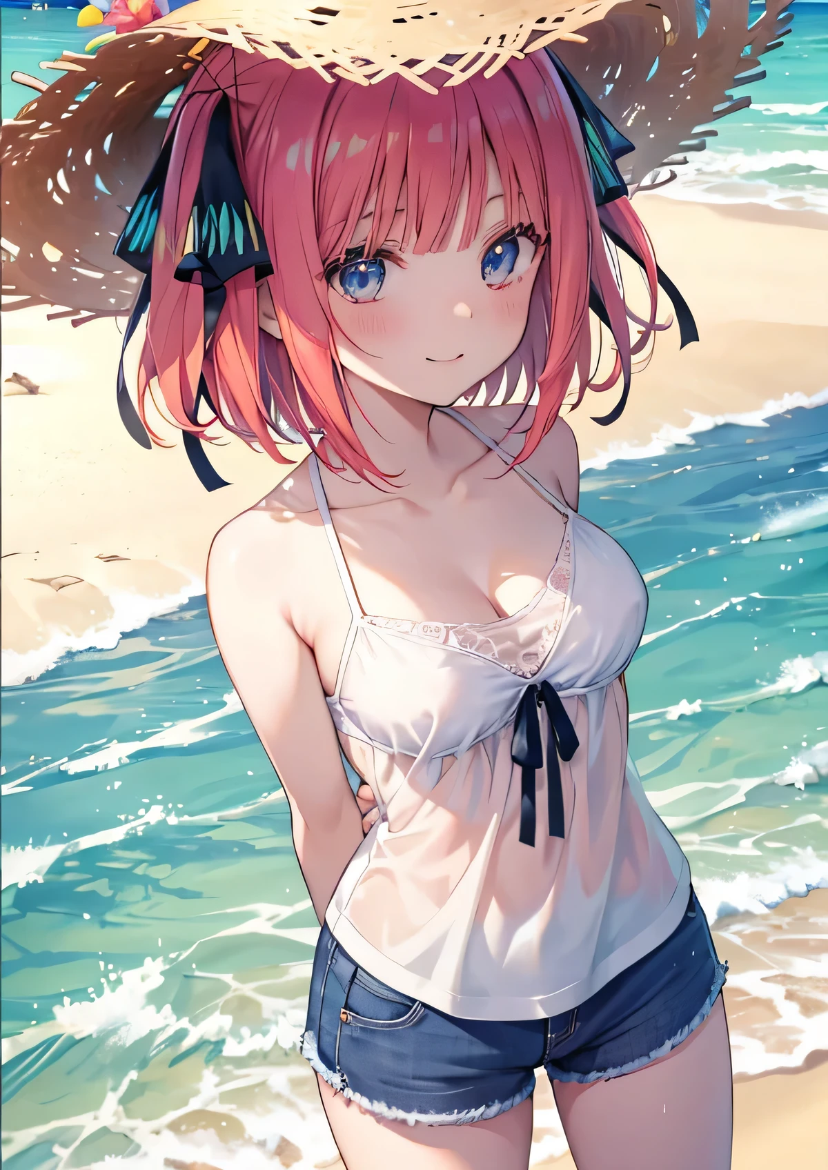 Nino Nakano is a character that appears in the anime "The Quintessential Quintuplets" 「The background is a sunny day at the sandy beach...」The eyes of this character are blue. My hairstyle is a bob cut with shockingpink color. This character is wearing a butterfly hair accessory. Please focus on this character. This character has a very lovely smile.high Quality. .. masterpiece,best quality,ultra detailed, My breast size is D cup. The background is a sunny day at the sandy beach. This character is wearing short pants and a camisole top. The short pants are black and the camisole top is a light blue color. Additionally, a glimpse of cleavage can be seen.

I am wearing a straw hat 

This character has their arms behind back	
