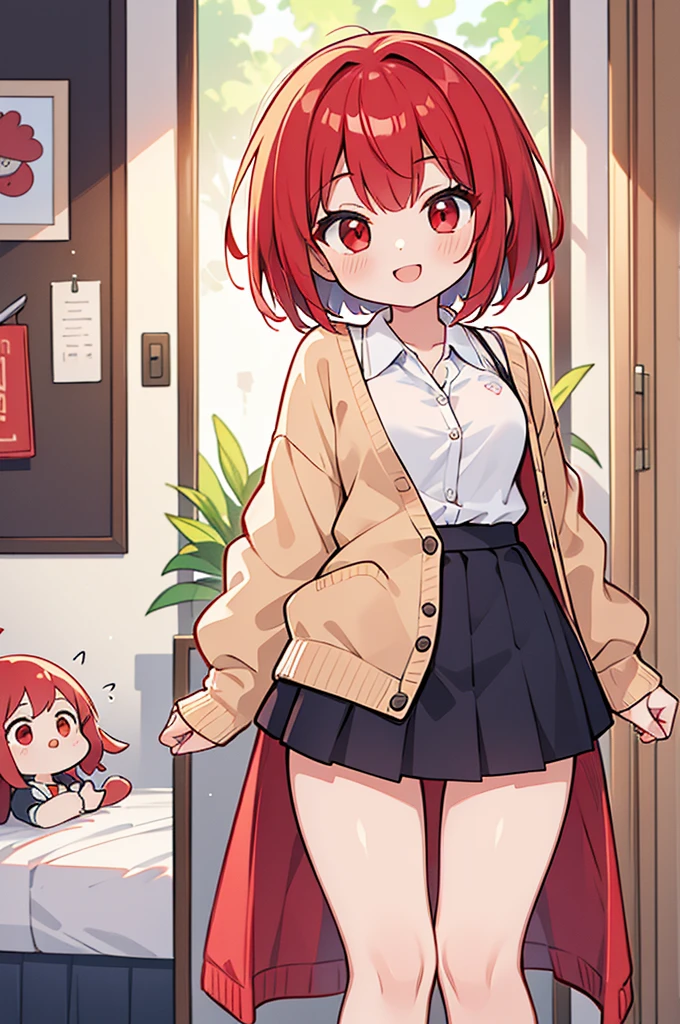 (The ultimate masterpiece), (Ultra HD), (Ultra-fine), High resolution, Ultimate beauty, High chroma, vivid,Girl,(pretty girl), Thighs, (cardigan), (skirt), Super Smile, Red hair,ショートBob，(Bob),Red Eyes ,Small breasts, Cute room，put one&#39;s hand between one&#39;s thighs