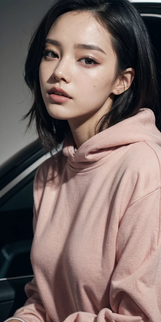 high angle photo of a gorgeous young woman in the style of cyberpunk, realistic skin texture, looks up,pink sweatshirt,posing on a car, 1 / 2 body crop, 8 5 mm art lens, f 1. 2, sharp focus, 8 k high definition, insanely detailed, intricate, elegant, art by stanley lau and cyberpunk