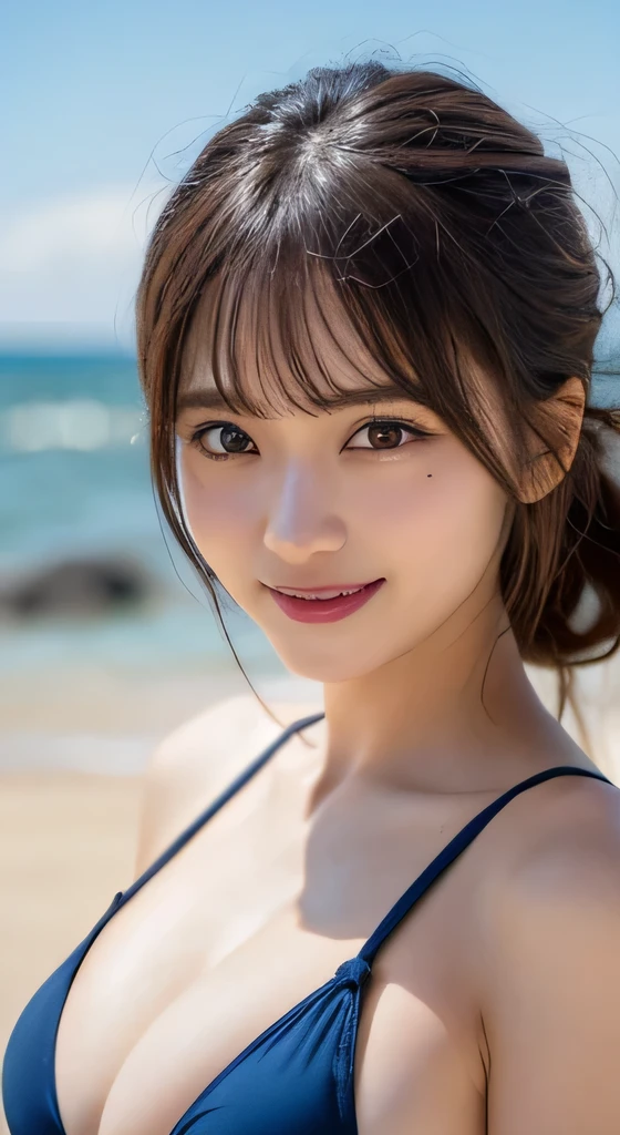8K,Pieces fly, Highest quality, figure, Very detailed, finely, High resolution, 8k wallpaper, Perfect dynamic composition, Dark and beautiful eyes, Random color micro swimsuit, Random Cute Hairstyles, Large Breasts, Natural color lip,At the Beach, Random cute poses,smile