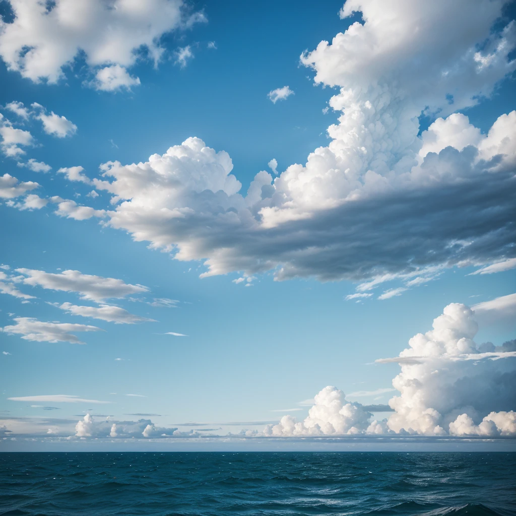 A clear, sunny sky, with a light blue gradient on the horizon intensifying to a deeper blue as it rises. Add scattered white clouds, in various ways, with smooth, irregular edges, distributed across the sky. Clouds should look natural and scattered, with some closer to the horizon and others more spread out high in the sky,There must be at least 10 clouds