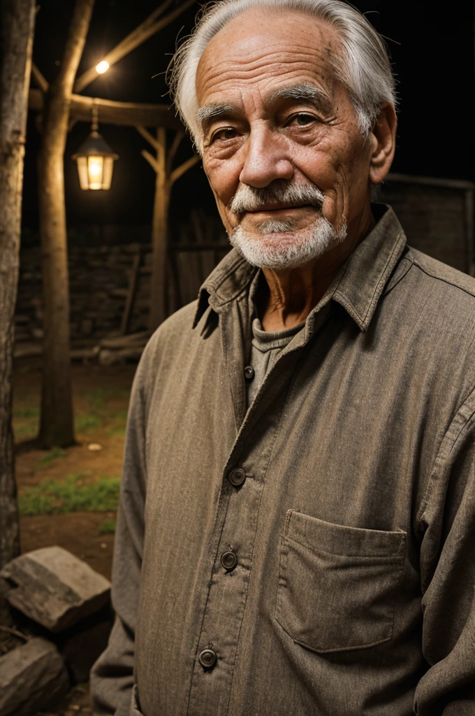 Old village old man light on the moon happy life