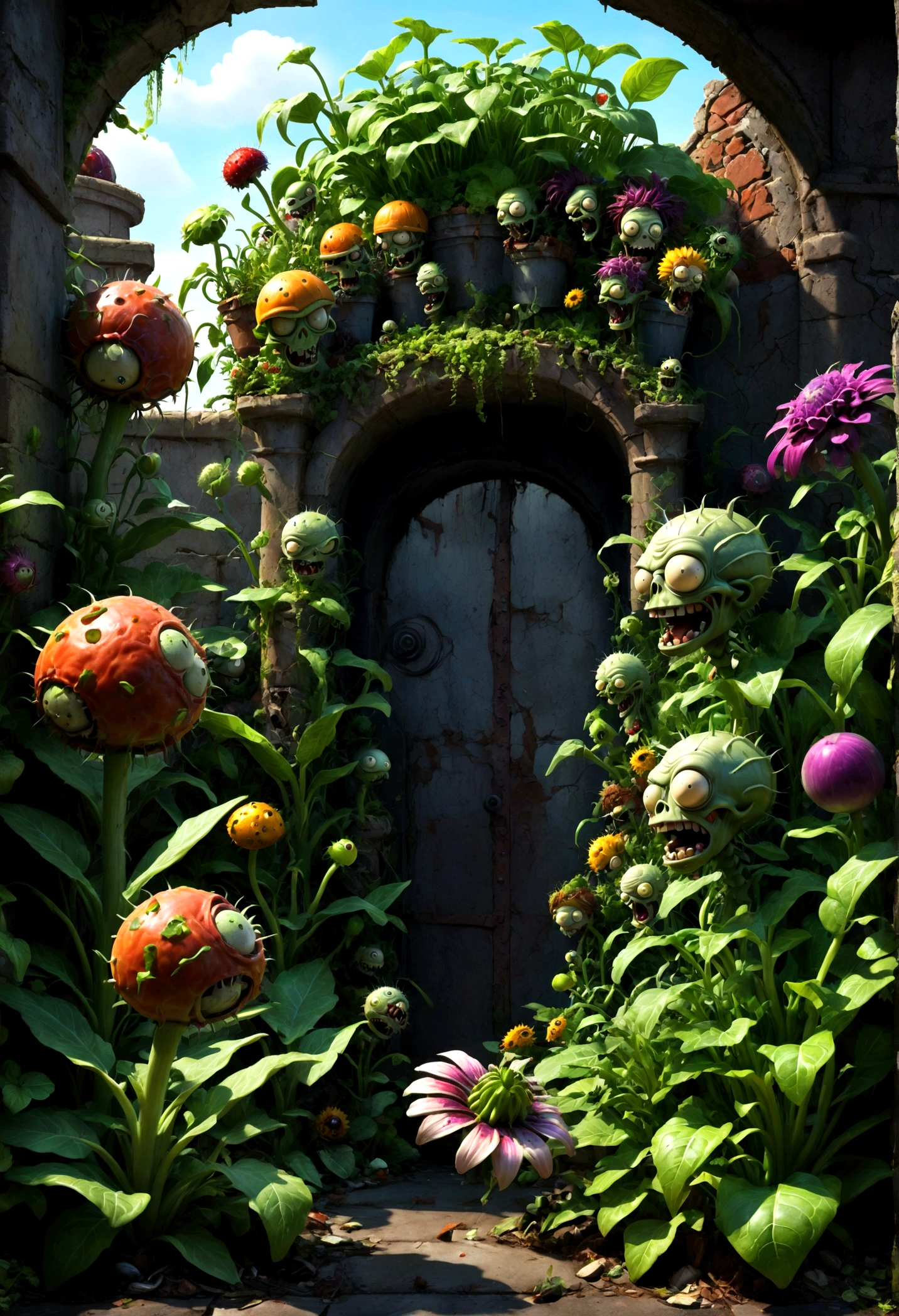 Plants vs. Zombies, detailed plants vs zombies, botanical garden, overgrown greenery, nature vs technology, vibrant colors, lush foliage, decaying ruins, post-apocalyptic, dark fantasy, cinematic lighting, dramatic shadows, highly detailed, intricate textures, 8k, masterpiece, best quality, very aesthetic, absurdres