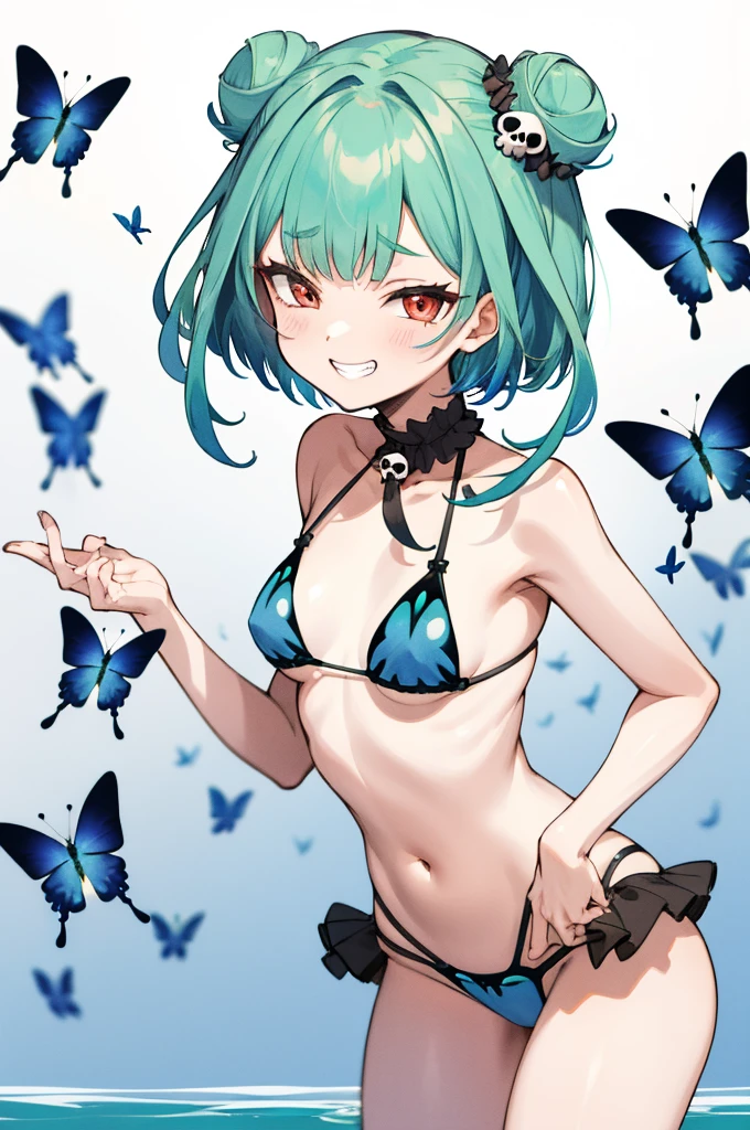 rushia_bikini, green hair, short hair, side buns, blue bikini, frills, butterfly, small breasts, skull hair ornament,grin