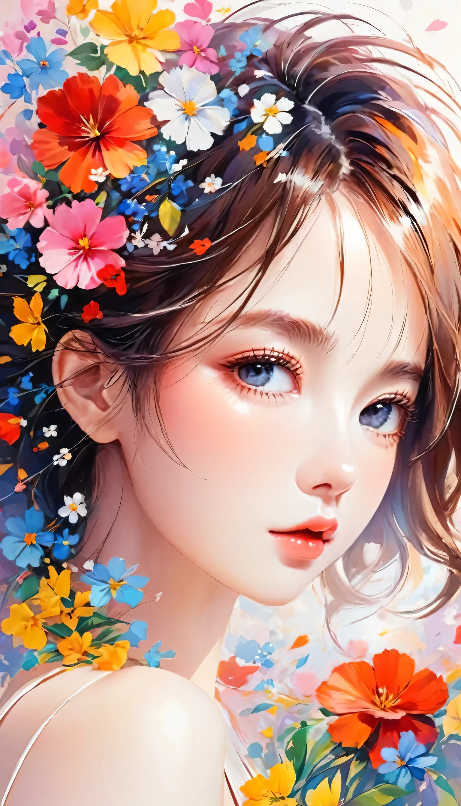 Mika Pikazo style, Simple Line Initialism,Abstract art,Urban Background, colorful flowers ,(((The most beautiful girl of all time))), Sweet face., Lips in love
