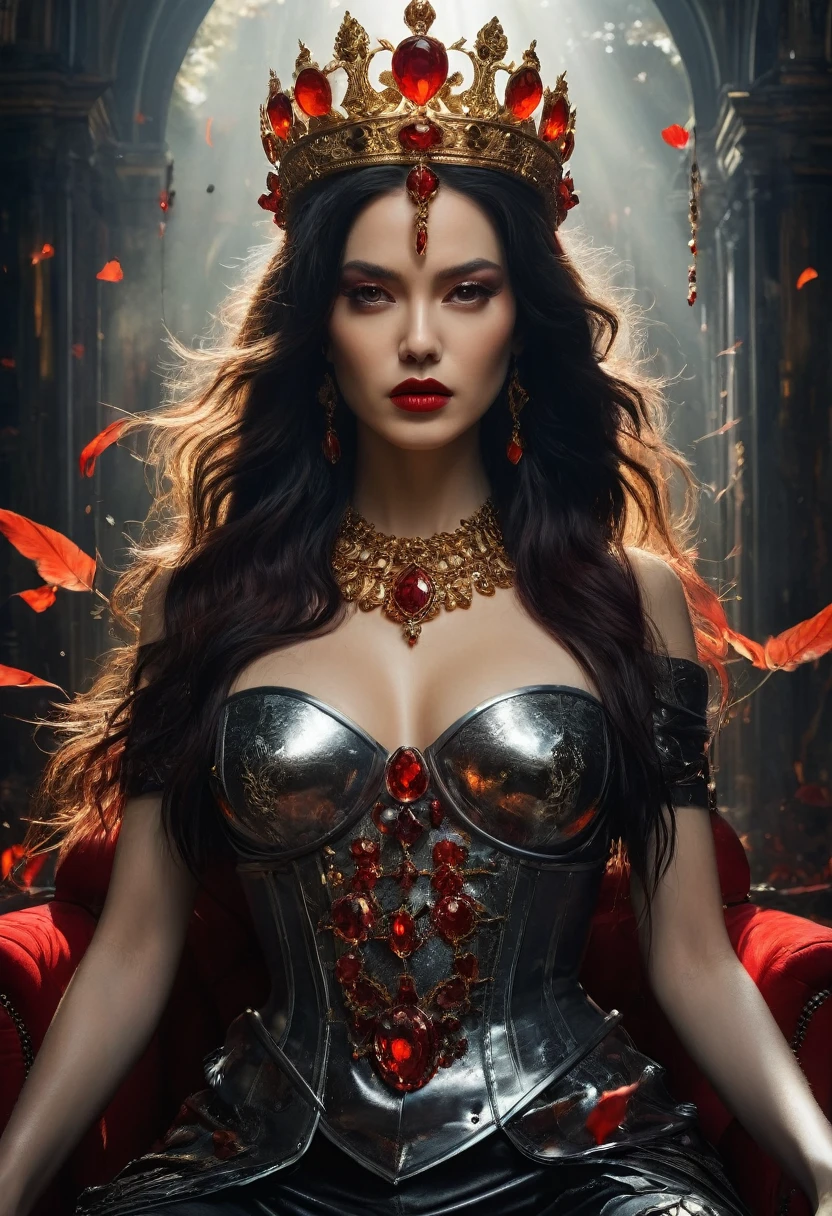 breathtaking ethereal RAW photo of female, (((by John Collier, John William Waterhouse, pinup style, silver, gold), perfect anatomy,The Queen of the Damned sits regally on her throne of black iron and red gems, her presence commanding and formidable. Her legs are crossed elegantly, exuding both power and grace. She wears a magnificent crown that sparkles atop her head, complementing her long,hair that cascades over her shoulders like a fiery waterfall. Her dark makeup accentuates her piercing red eyes, making them glow with an intense, otherworldly light. ,DonMH4ny4XL,
)), dark and moody style, perfect face, outstretched perfect hands. masterpiece, professional, award-winning, intricate details, ultra high detailed, 64k, dramatic light, volumetric light, dynamic lighting, Epic, splash art .. ), by james jean $, roby dwi antono $, ross tran $. francis bacon $, michal mraz $, adrian ghenie $, petra cortright $, gerhard richter $, takato yamamoto $, ashley wood, tense atmospheric, , , , sooyaaa,IMGFIX,Comic Book-Style,Movie Aesthetic,action shot,photo r3al ,bad quality image,oil painting, cinematic moviemaker style,Japan Vibes,H effect,koh_yunjung ,koh_yunjung,kwon-nara,sooyaaa,colorful,bones,skulls,armor,han-hyoju-xl
,DonMn1ghtm4reXL, ct-fujiii,ct-jeniiii, ct-goeuun,mad-cyberspace,FuturEvoLab-mecha,cinematic_grain_of_film,a frame of an animated film of,score_9,3D,style akirafilm,Wellington22A,Mina Tepes,lucia:_plume_(sinful_oath )_(punishing:_g,VAMPL, FANG-L ,kizuki_rei, ct-eujiiin,Jujutsu Kaisen Season 2 Anime Style,ChaHaeInSL,Mavelle,Uguisu Anko,Zenko