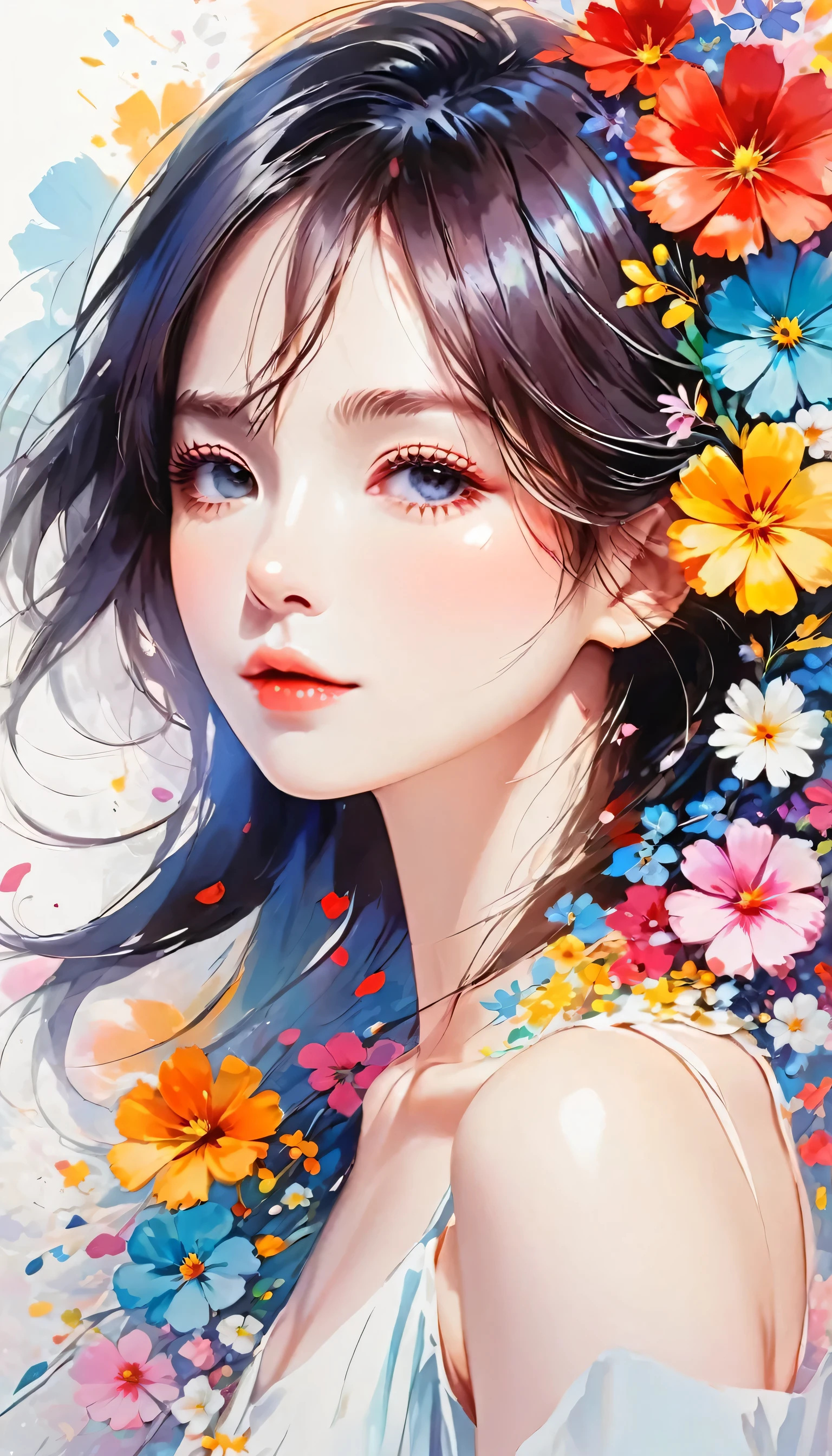 Mika Pikazo style, Simple Line Initialism,Abstract art,Urban Background, colorful flowers ,(((The most beautiful girl of all time))), Sweet face., Lips in love