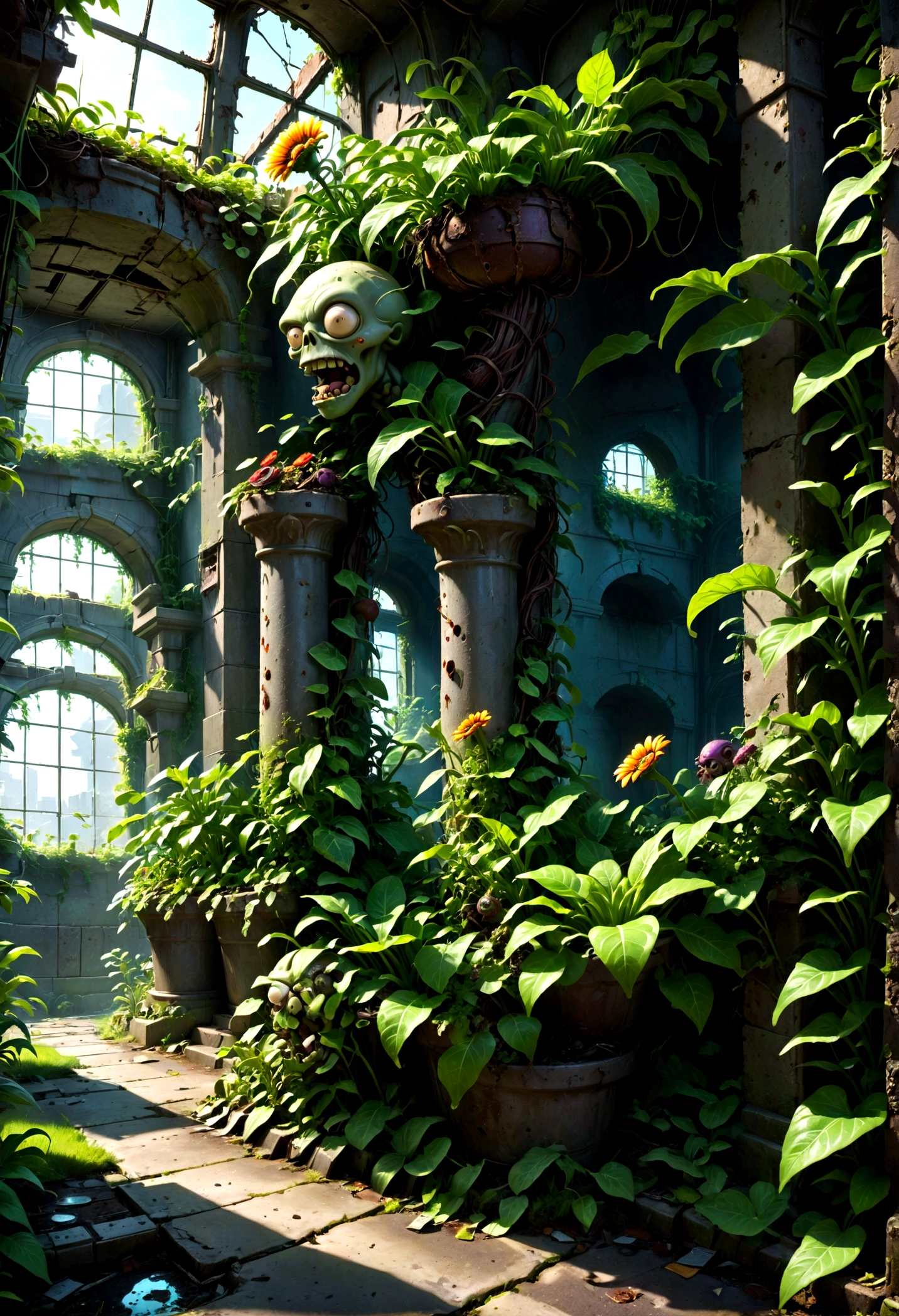 Plants vs. Zombies, detailed plants vs zombies, botanical garden, overgrown greenery, nature vs technology, vibrant colors, lush foliage, decaying ruins, post-apocalyptic, dark fantasy, cinematic lighting, dramatic shadows, highly detailed, intricate textures, 8k, masterpiece, best quality, very aesthetic, absurdres