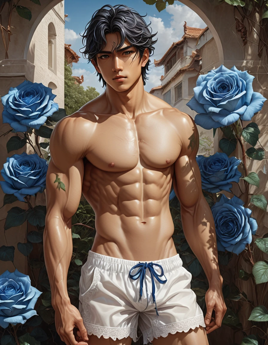 anime+hentai+yaoi style , 1 nude man, standing wearing white translucid loincloths masterpiece, best quultradetailed , ultradetailed art style, oil painting, fullbody, perfect compositicion, simetryc lay out, perfect anatoy, wearing small litle shorts, dramatic, natural lighting, a young naked gorgeous, handsome, tall, perfect feet, latino, detailed realistic muscles, simetryc body, focused expression, he is pouring the black and blue roses plants in the garden , in the style of esao andrews