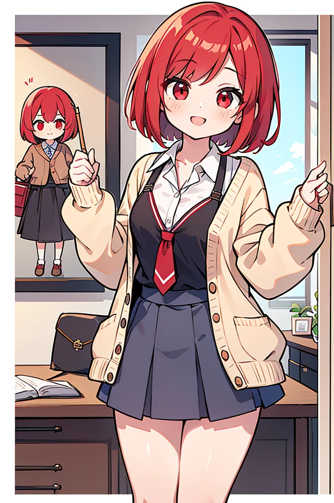 (The ultimate masterpiece), (Ultra HD), (Ultra-fine), High resolution, Ultimate beauty, High chroma, vivid,Girl,(pretty girl), Thighs, (cardigan), (skirt), Super Smile, Red hair,ショートBob，(Bob),Red Eyes ,Small breasts, Cute room，put one&#39;s hand between one&#39;s thighs