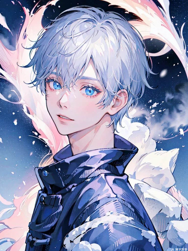 Gojo Satoru walk in winter coated in snow ,white hair , blue eyes