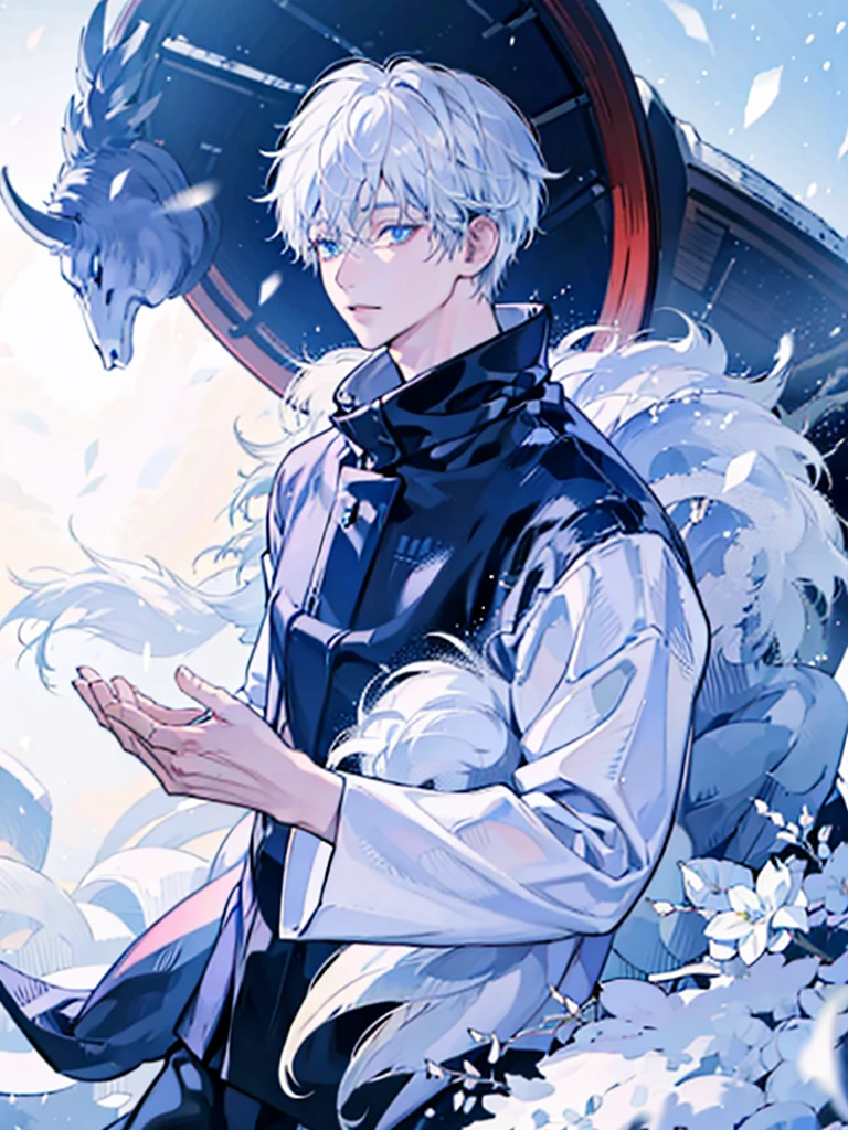 Gojo Satoru walk in winter coated in snow ,white hair , blue eyes