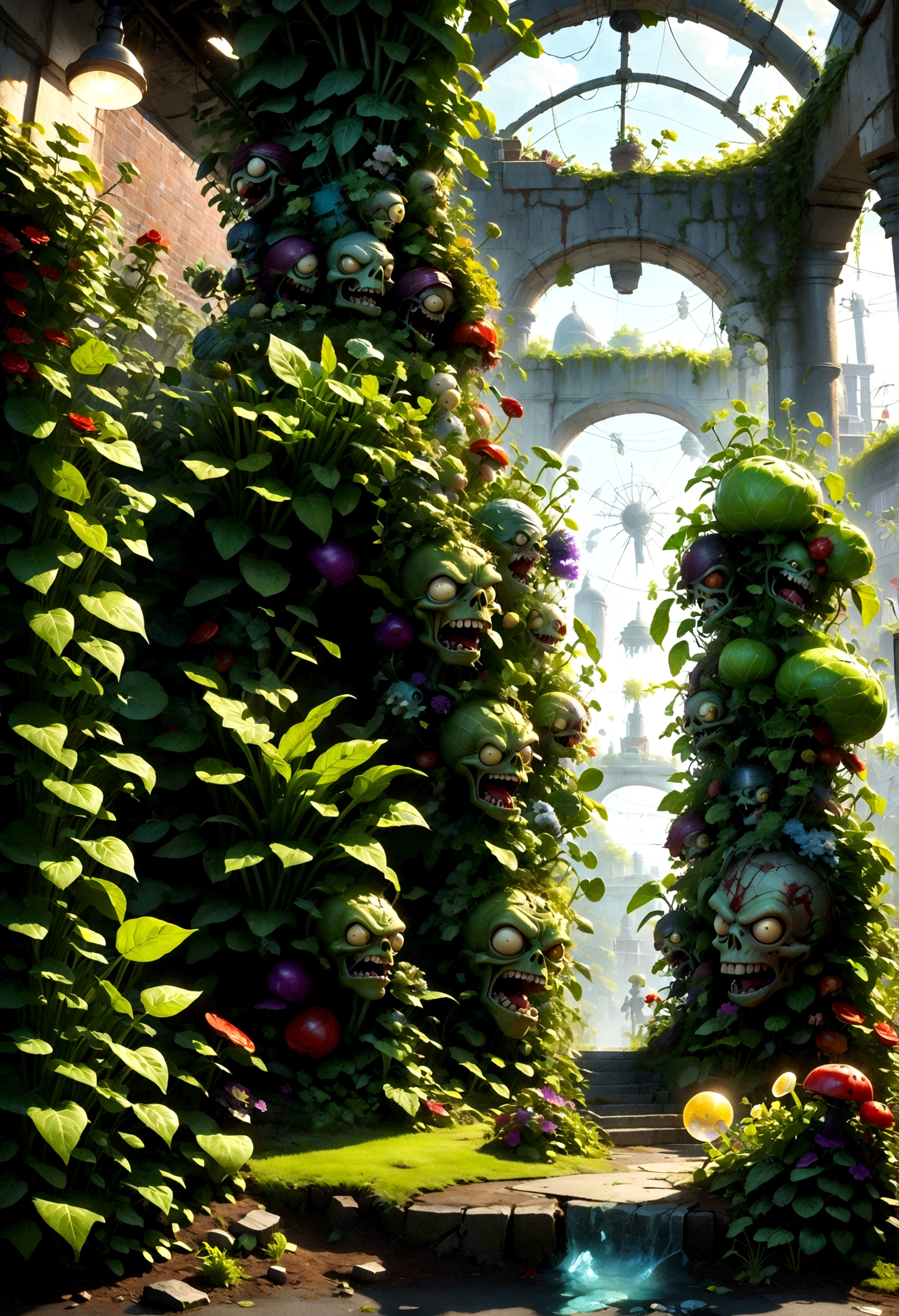 Plants vs. Zombies, detailed plants vs zombies, botanical garden, overgrown greenery, nature vs technology, vibrant colors, lush foliage, decaying ruins, post-apocalyptic, dark fantasy, cinematic lighting, dramatic shadows, highly detailed, intricate textures, 8k, masterpiece, best quality, very aesthetic, absurdres