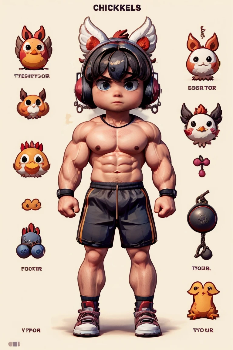 Create a character of a chicken, with gym clothes, dumbbells, muscular body.