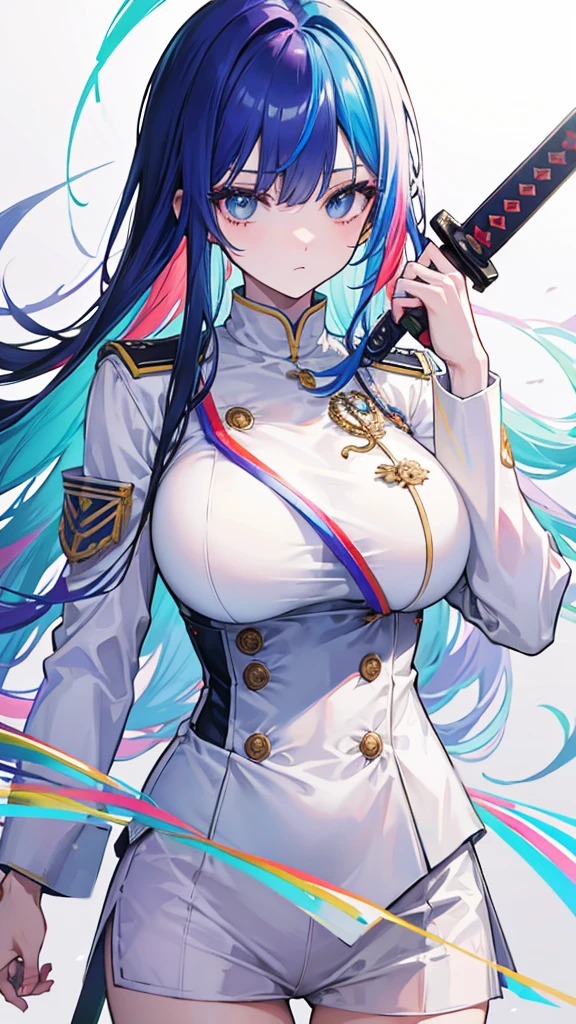 rainbow colored hair, expressionless, neat white uniform, holding a sword, very large breasts