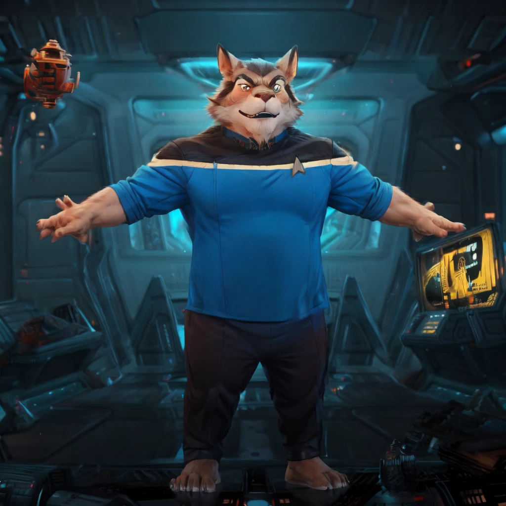 (((Barefoot furry character, full body, cinematic setting, furry male, plantigrade))) 
((Totoro)), studio ghibili, furry, big, fat, whiskers, grey skin, claws,
exudes confidence and authority on starship bridge, ((wears star trek lower decks uniform))), ((sttldunf star trek black and blue uniform)), long black pants, black shoulders, muscular figure, dynamic pose, action expression
((Bridge of starship with many screens and consoles)), futuristic look, metalic, bright colors
BREAK, intricate details, highly detailed, extreme detail, octane render, fine art, best quality, highres, (detailed face:1.5), ((full_body)), UHD, (((perfect hands))), ((low light:1.5))